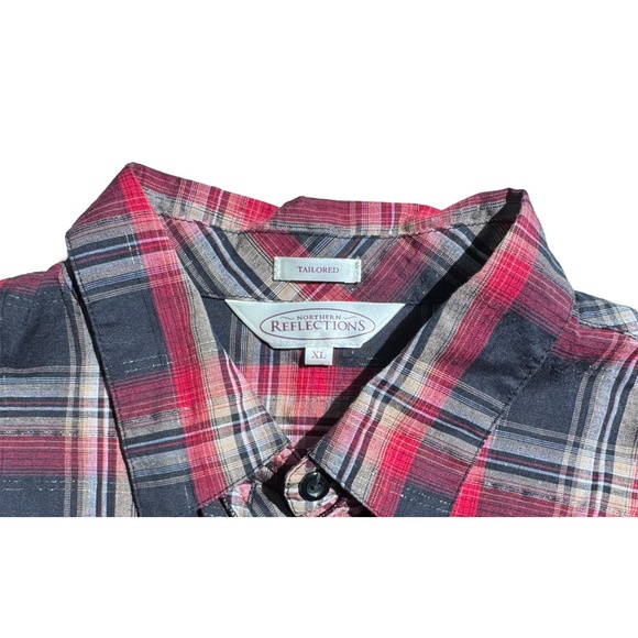 Northern Reflections Plaid Red Black and Gold Plaid Button Down Shirt with Ruffe - Picture 3 of 3
